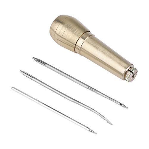 3 Needles Sewing Awl, Vintage Copper Handle Drilling Awl Hand Stitcher Shoe Repair Tool Kit for Leather Canvas Bag Heavy Fabric(Round Hole + Stra